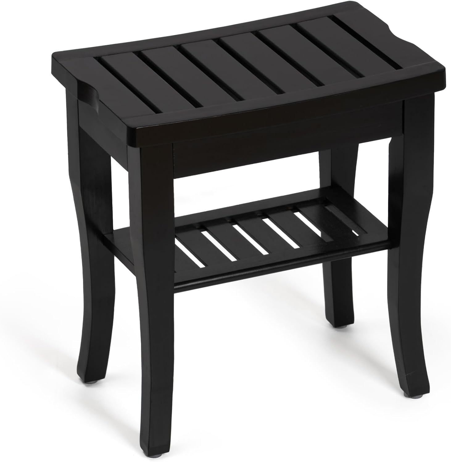 Bamboo Shower Bench, Spa Small Shower Stool for Inside Shower Waterproof, Bathroom Bench Seat with Storage Shelf for Adults Elderly Seniors, Wood Chair for Indoor or Outdoor Use, Black