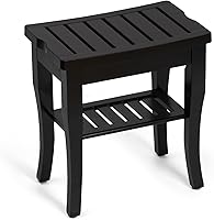 Vista 1 de Banco de ducha de bambú, taburete de ducha pequeño de spa para ducha interior, impermeable, asiento de baño con estante de almacenamiento para Negro