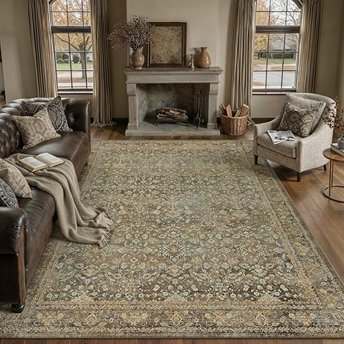 PureCozy Area Rug 5x7 Brown Living Room Washable Vintage Carpet Non Slip Indoor Retro Traditional Accent Throw Large Rug for Office Kitchen Bedroom Dining Room 5' x 7' (Rectangular) Traditio