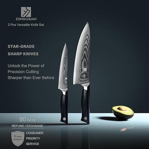 Miniatura 2 de 8C Pro Damascus - Juego de cuchillos de cocina de 2 piezas, cuchillo de chef de 8 pulgadas y cuchillo utilitario de 5.5 pulgadas, acero inoxidable