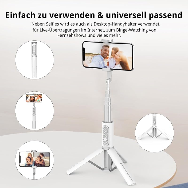 Selfie stick cu trepied ATUMTEK Bluetooth pentru smartphone, alb, cu telecomandă wireless