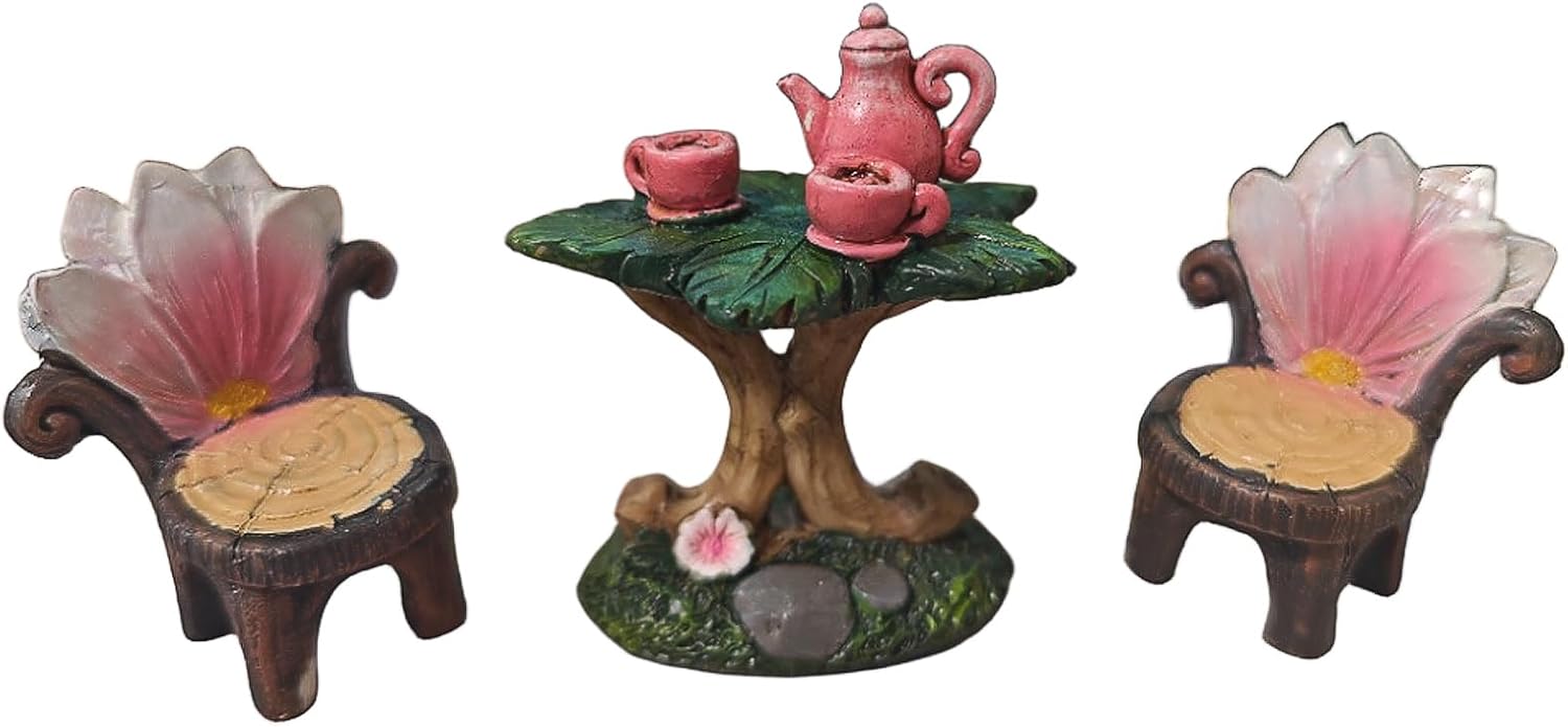 MUAMAX Miniature Fairy Garden Furniture Set: Resin Table & Chairs for Whimsical Backyard Mini Landscapes