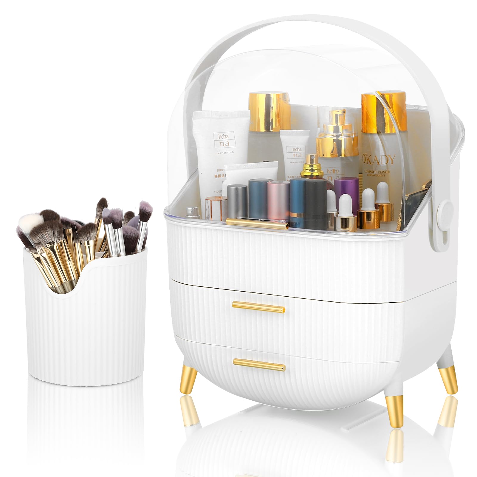 Romicta Organizzatore Cosmetici, Scatola per Makeup con 3 Cassetti e Porta Pennelli, Contenitore Trucco con Coperchio a Prova di Polvere e Acqua, Ideale per Tavolo da Trucco e Bagno (Bianco)