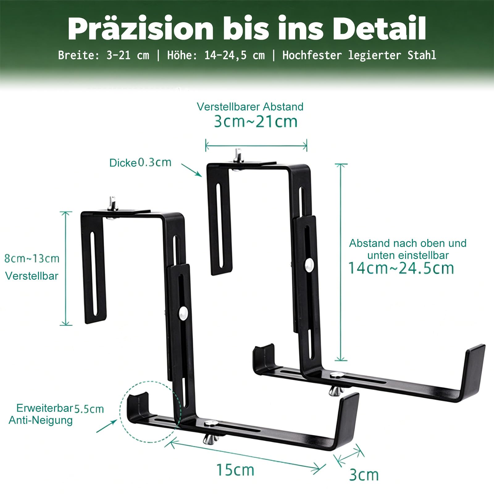 Verstellbare Blumenkastenhalterung 3mm Massiver Stahl fürGeländer bis 21cm | 2 Schwerlast-Halterungen für Große Pflanzkästen – Rostfrei & Wetterfest – Schwarz Geeignet für Balkone, Gärten usw