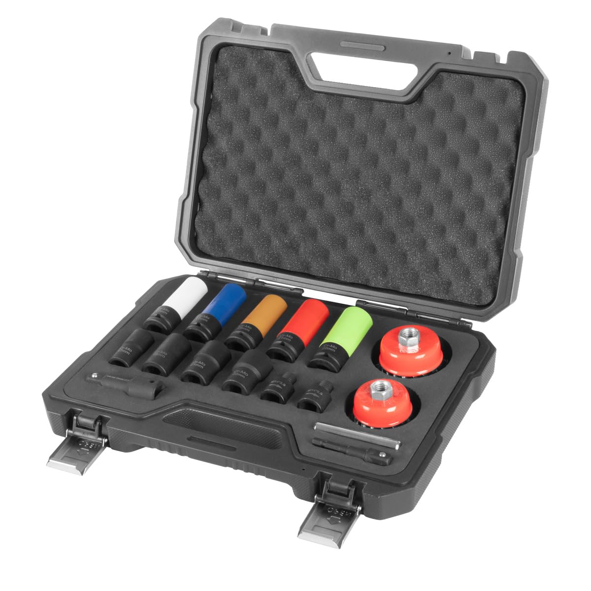 STAHLWERK Radnaben-Service & Felgen-Demontage-Set 16-teilig, 1/2" Antrieb | 5 Schonnüsse für Alufelgen, 4 Ausdrehschlagnüsse 17-22 mm, 2 Topf-Drahtbürsten 65 und 75 mm, Adapter M14 x 2,0