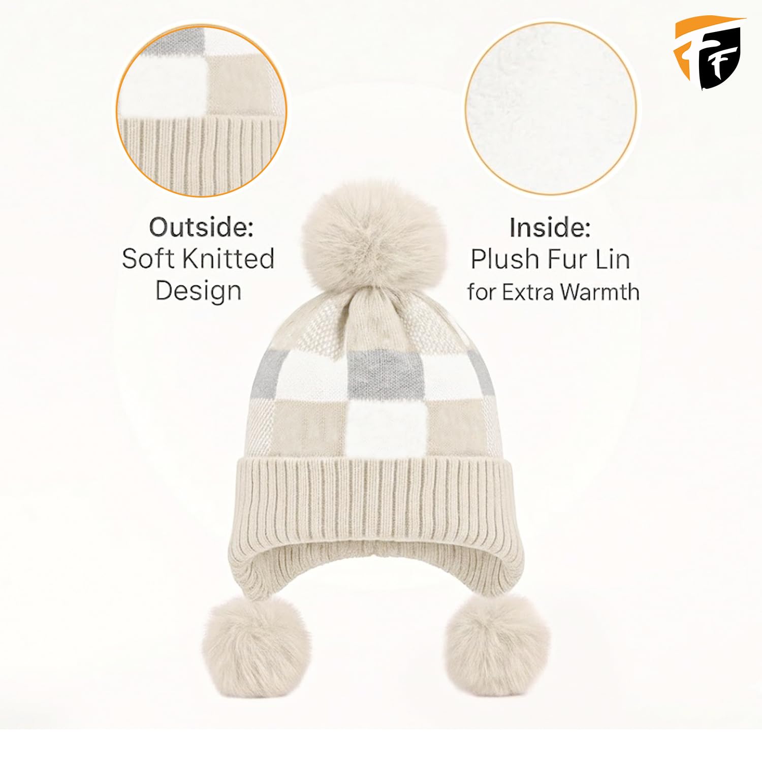 FF Premium Thermal Winter Earflap Pom Pom Beanie Cap for Women Warm Woollen Knitted Winter Cap Soft Fleece Lined Stylish Cold Weather Hat - Beige 1