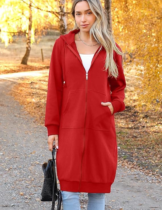 Zeagoo 2024 Long Women's Zip Up Y2K Hoodies Casual Long Sleeve Long Jackets With Pockets Dark Pink