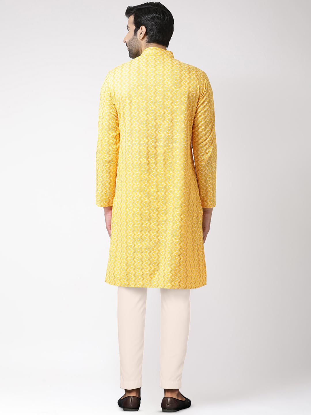 Kisah Men's Cotton Blend Long Sleeves Regular Fit Printed Yellow Kurta Trousers Set (S)