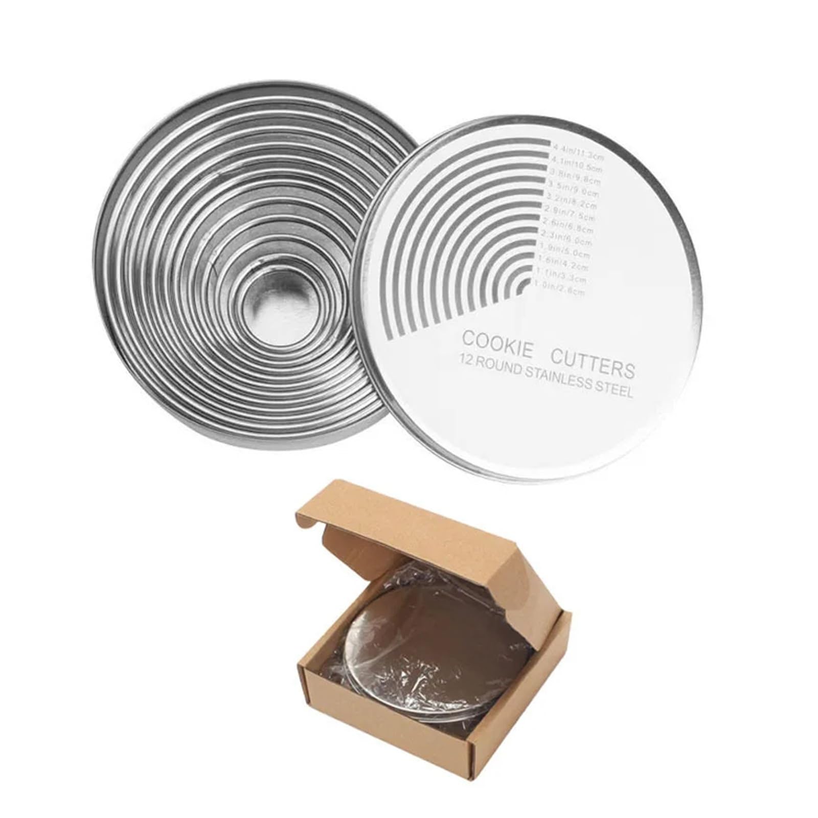 Juego de cortadores de galletas redondos de 12 Uds., moldes for rosquillas de pastelería graduados de acero inoxidable 18/8 de calidad alimentaria for hornear, cocina DIY(12Pcs Round Cookie)