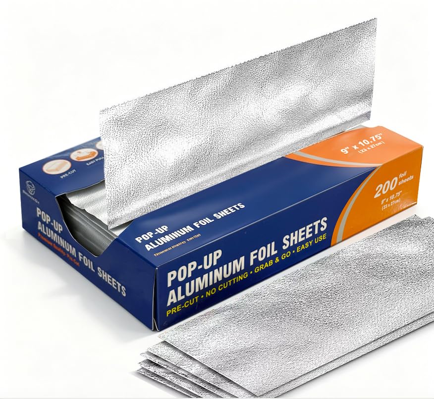 Aluminum Foil Sheets Pre Cut Pop Up, 9 x 10.75 Inches, 200 Sheets, Disposable Foil Wraps for Food, Sandwiches, BBQ, Kitchen Use, Food Service –