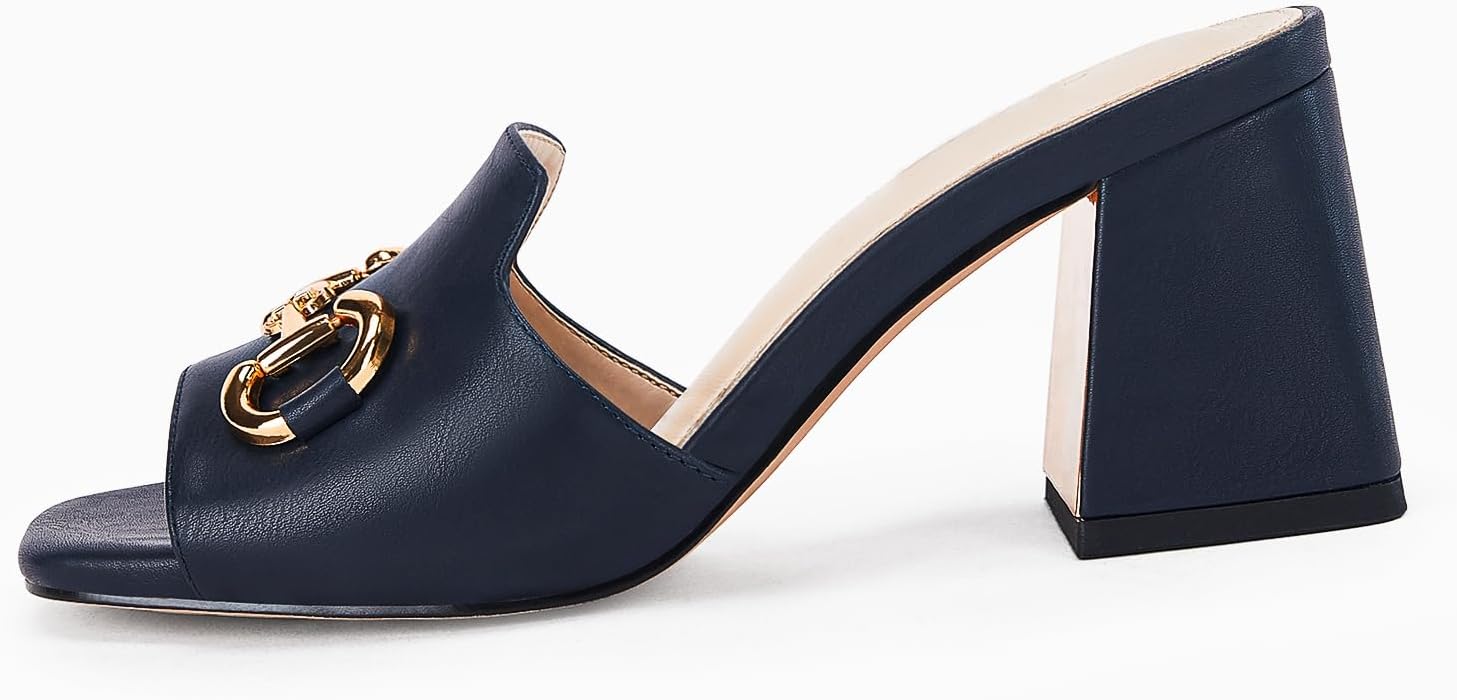 gihubafuil Women's Sandals Peep Toe Slides Chunky Heel Mules Single Band Comfort Slip-on Shoes with Metal Chain for Spring Summer