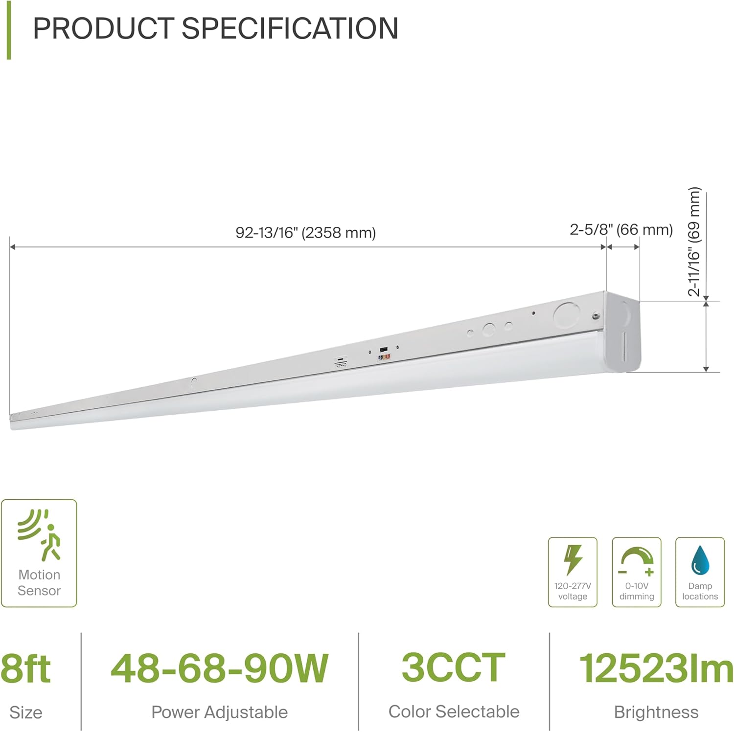 ASD 8ft LED Linear Strip Light Fixture with Motion Sensor - 48W-90W 12523LM Linkable LED Shop Light - 3500K-5000K Adjustable Commercial Ceiling Light Fixture - UL DLC, 4 Pack