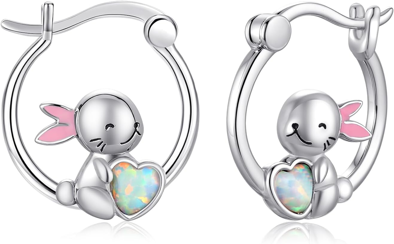 Easter Bunny Earrings for Women 925 Sterling Silver Bunny and Dasiy Hoop Huggie Earring Modern Rabbit Birthstone Earrings Easter's Thanksgiving Christmas Jewelry for Women Ladies Sister Best Friend