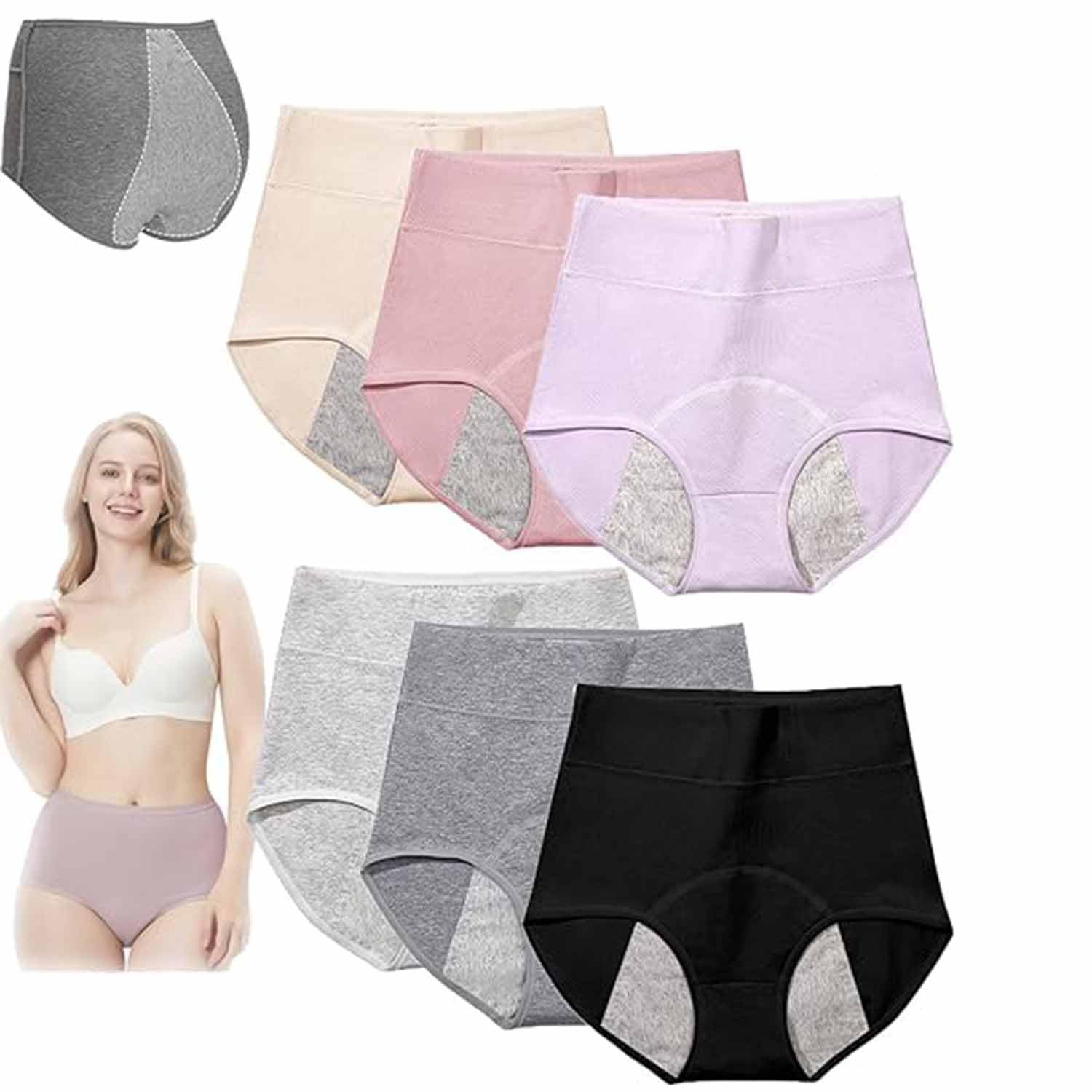 IsoUde High Waist Leakproof Comfort Panties, Leak-proof, Sanitary Pants,Seamless Tummy Control Cotton Briefs Panties for Women (6pcs-F,XL)