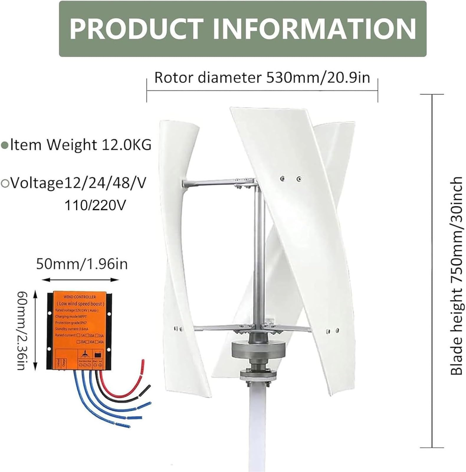 Turbina Eólica Vertical Kit Completo,Generador Viento Jardín Instalacion Eolica Domestica Aerogenerador Eolico Trifásico AC Turbina Eólica de Viento Vertical con Controlador(20000W,48V)