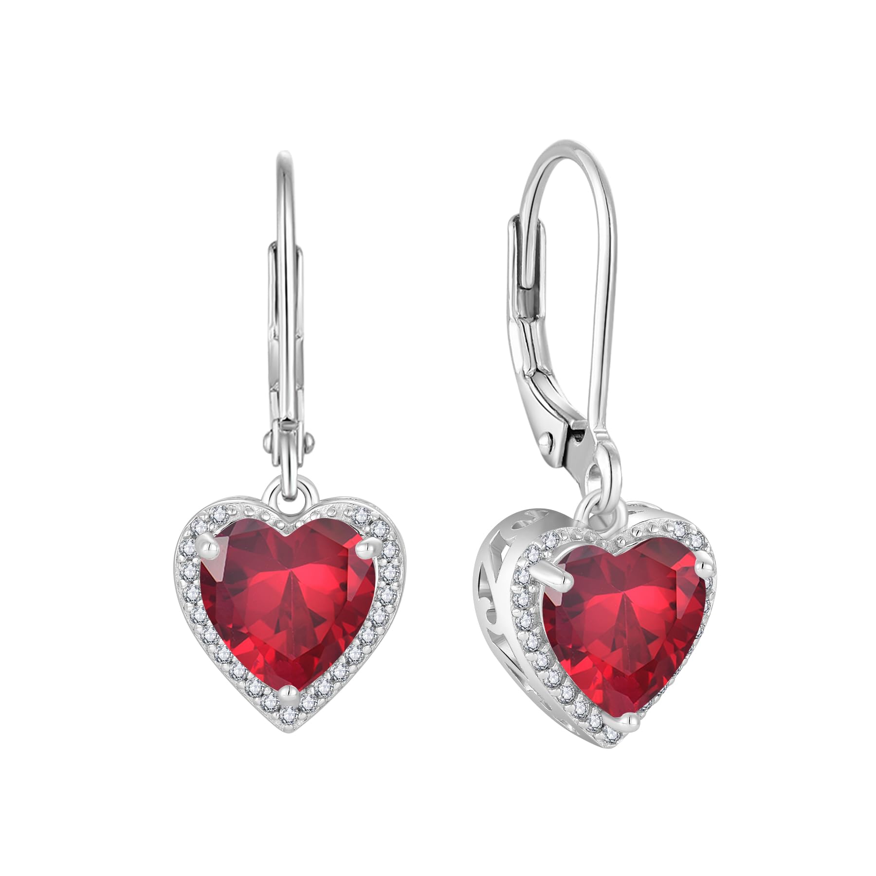 Lwsary Love Heart Earrings for Women 925 Sterling Silver Simple Halo Solitaire Dangle Drop Leverback Earrings Birthstone Jewelry for Her