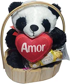 Cesta de Presente Urso Panda com Coração e Ferrero Rocher