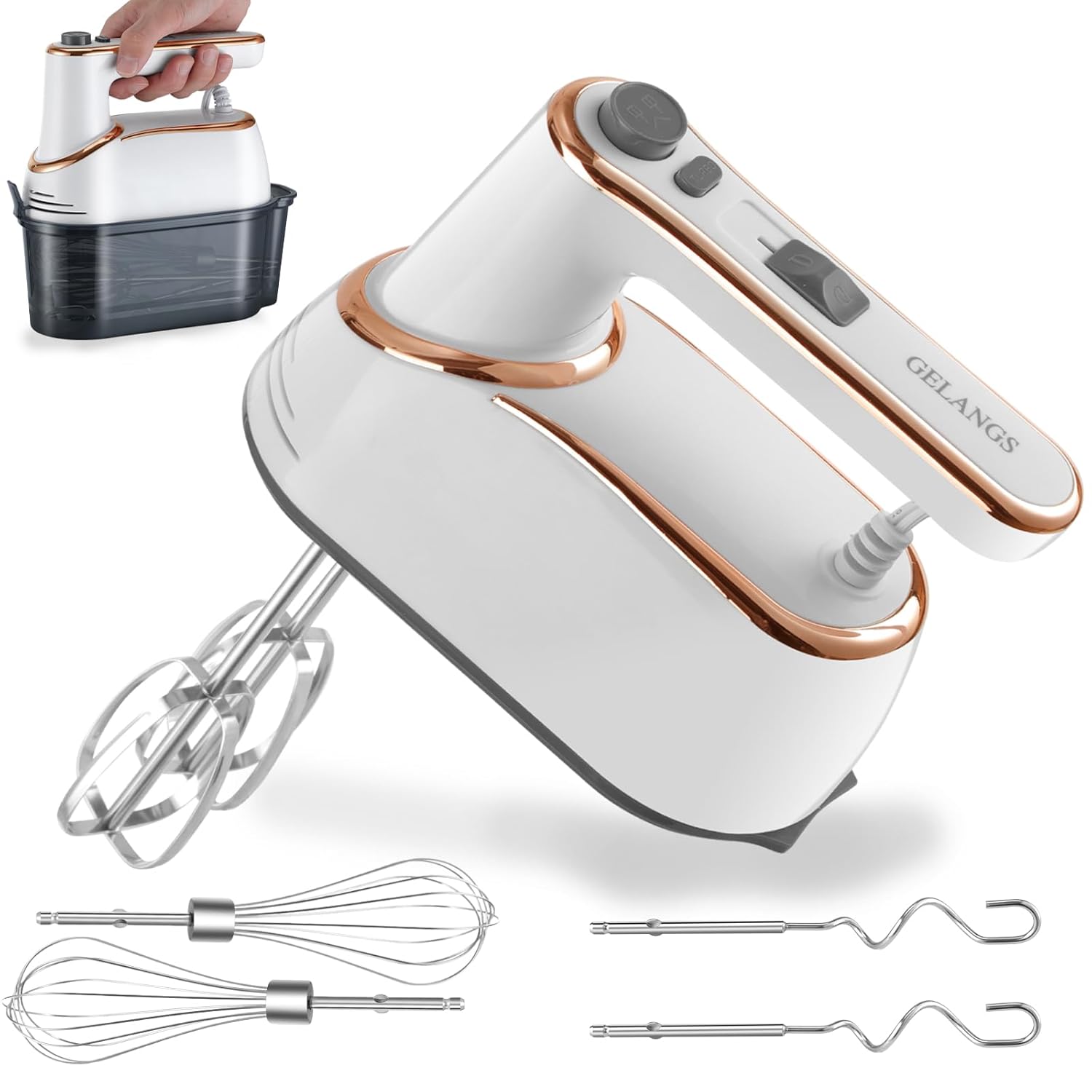 Hand Mixer 5-Speed Electric with Turbo Boost White Copper Motor 400W Dishwasher-Safe Attachments for Baking Whipping Dough