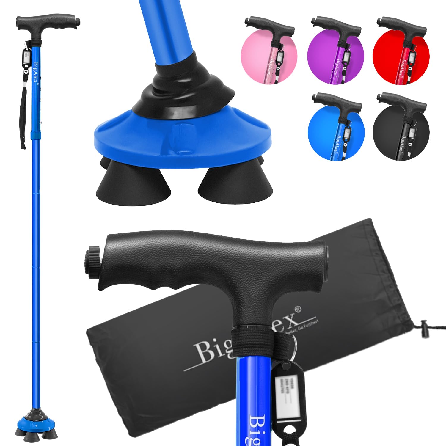 BigAlex Bastone Pieghevole con Luce LED, Bastone da Passeggio Regolabile con Manico Ergonomico, Leggero e Compatto per Uomo Donna e Base Quadrata Antiscivolo per Anziani