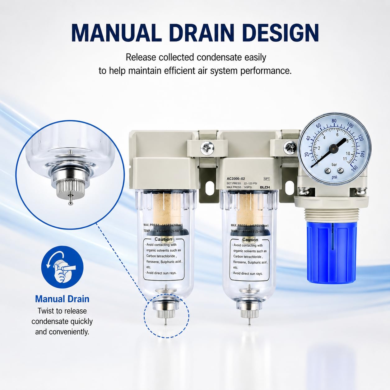 BLCH AC2000-02 1/4" NPT Air Compressor Filter Regulator, Double Air Dryer Water Separator, 5 Micron Brass Element, Manual Drain Poly Bowl, 0-145 PSI Gauge — Amazon image 7