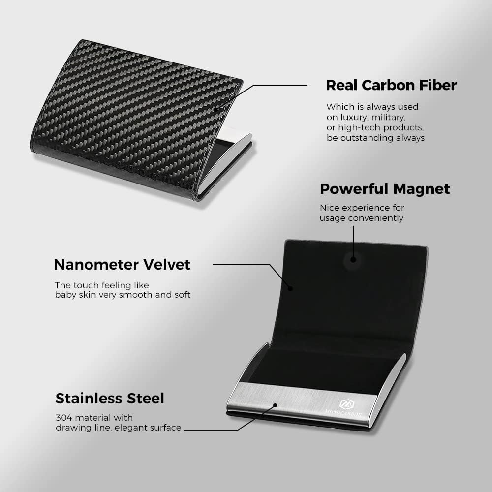 MONOCARBON Real Carbon Fiber Business Card Holder,Portable Pocket Business Card Holder Case with RFID Blocking & Magnetic Closure,Elegant Multifunction Card Organizer for Discerning Gentlemen