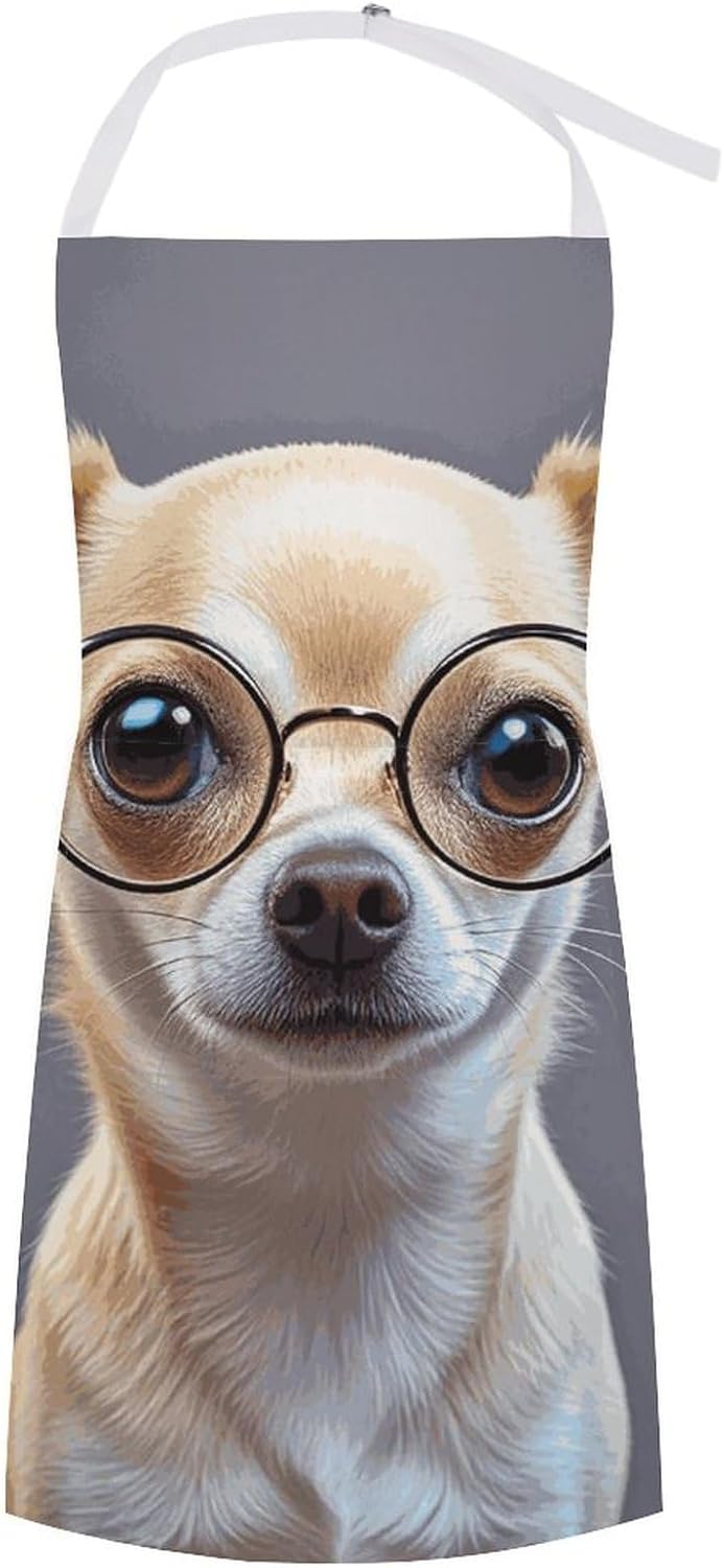 Chihuahua Dog Glasses Chef Apron Cooking Kitchen Aprons with Pockets Lightweight Soft Adjustable Bib Apron Restaurant Waterproof Aprons for Men Women Waiters