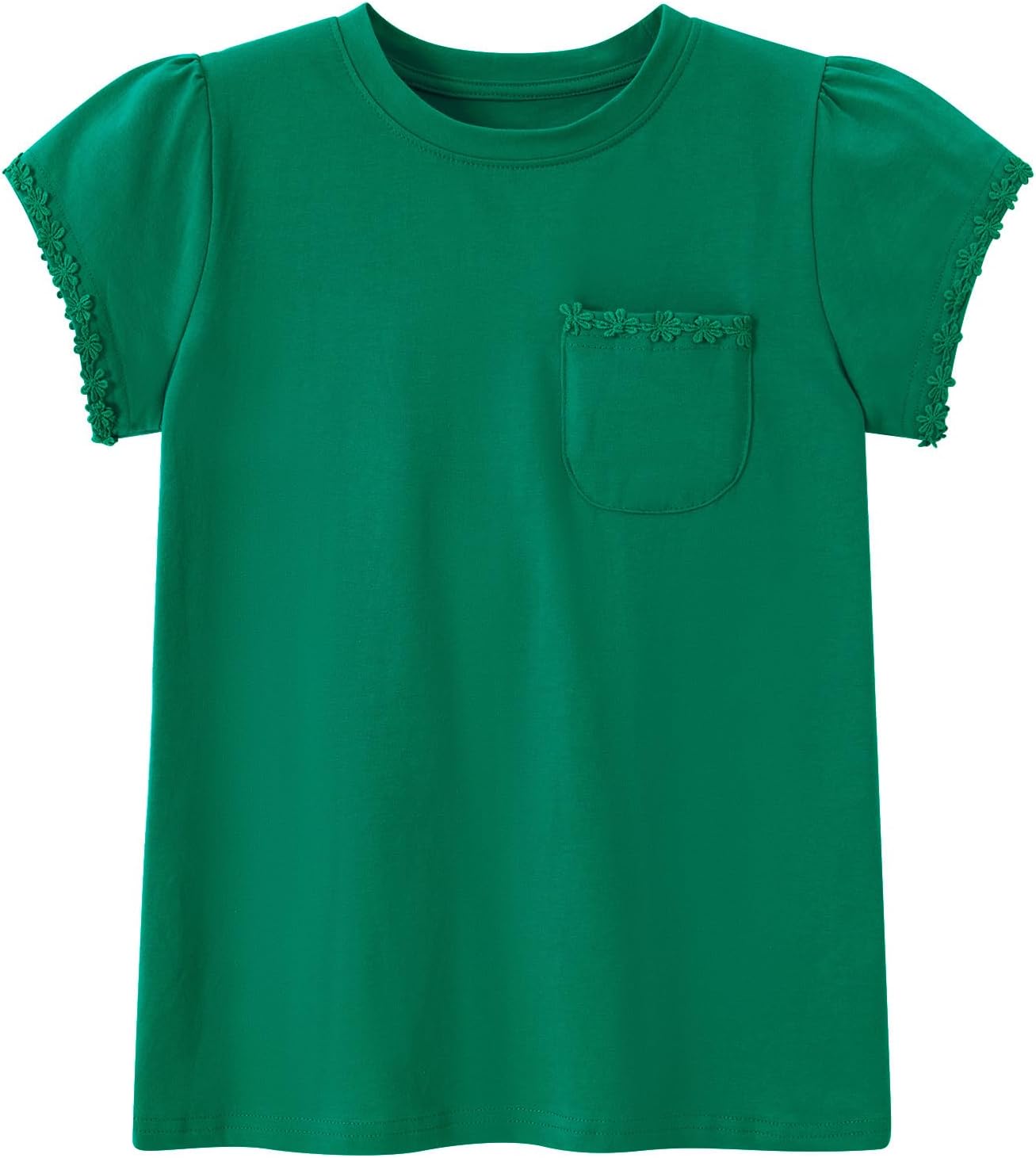 Girls Shirt Solid Cotton T Shirts 5-12Y Floral Trim Sleeve Tops