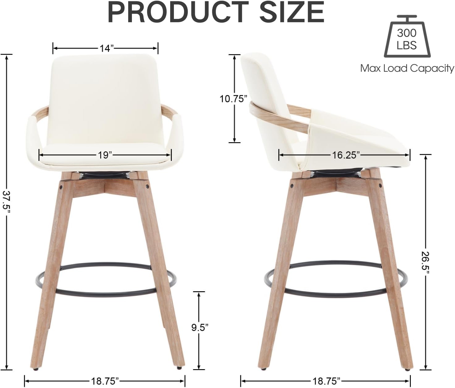 CIMOTA Swivel Counter Height Bar Stools Set of 2, Modern Natural Wooden Barstools with Curved Backs/Arms, 26 Inch Bar Stool Chairs Upholstered Linen Counter Stools for Kitchen Island, White
