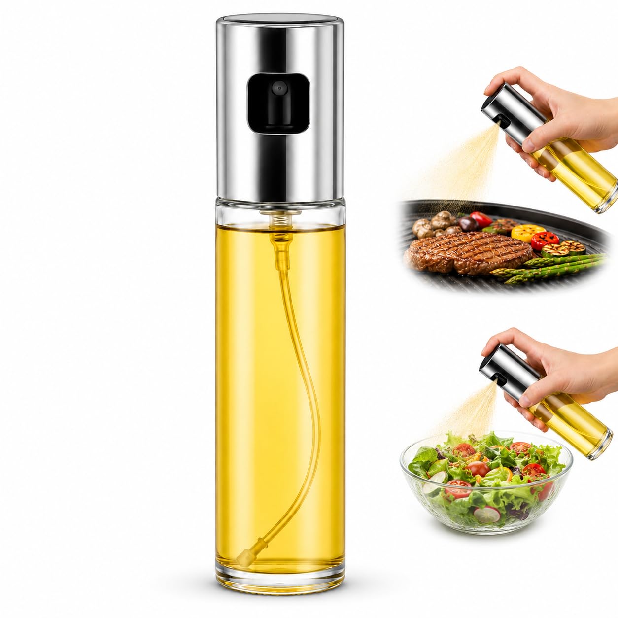 Oil Sprayer for Cooking, 100ml Glass Olive Oil Spray Bottle with Stainless Steel Top, Refillable Fine Mist Mister for Air Fryer, BBQ, Salads, Baking, Roasting, Grilling, Kitchen, Vinegar and Dressings