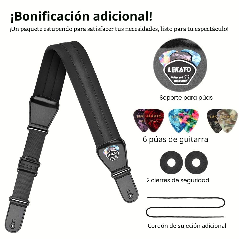 LEKATO Correa de guitarra acolchada con extremos de cuero genuino Correas de hombro cómodas de 3 pulgadas de ancho Longitud ajustable de 45 "a 55" para guitarras eléctricas bajas con 6 púas