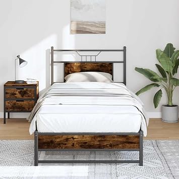 Single Bed Frame 90x200 cm in Smoked Oak Engineered Wood with Headboard & Steel Support 207x96x91.5 cm Modern Storage Space Underneath Ideal for Bedroom Guest Room or Loft