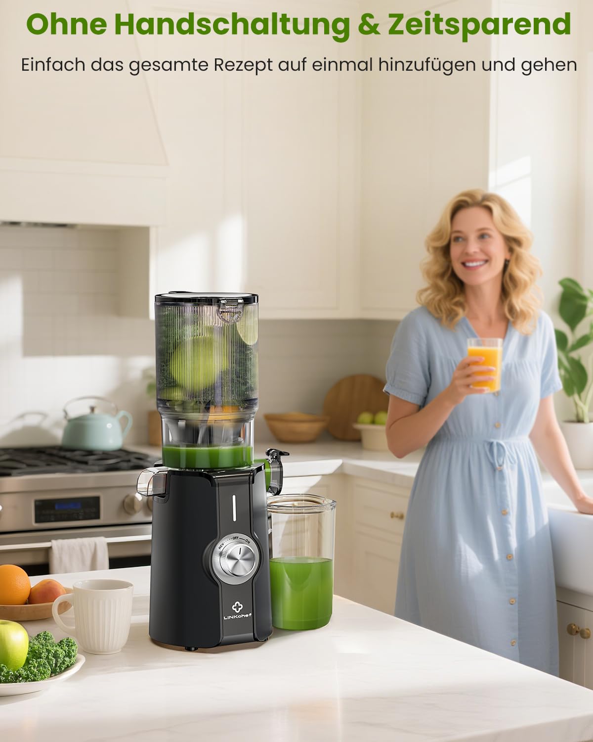 LINKChef Entsafter Slow Juicer 200W Kaltentsafter 115 mm Große Öffnung BPA-freie Saftpresse Schwarz