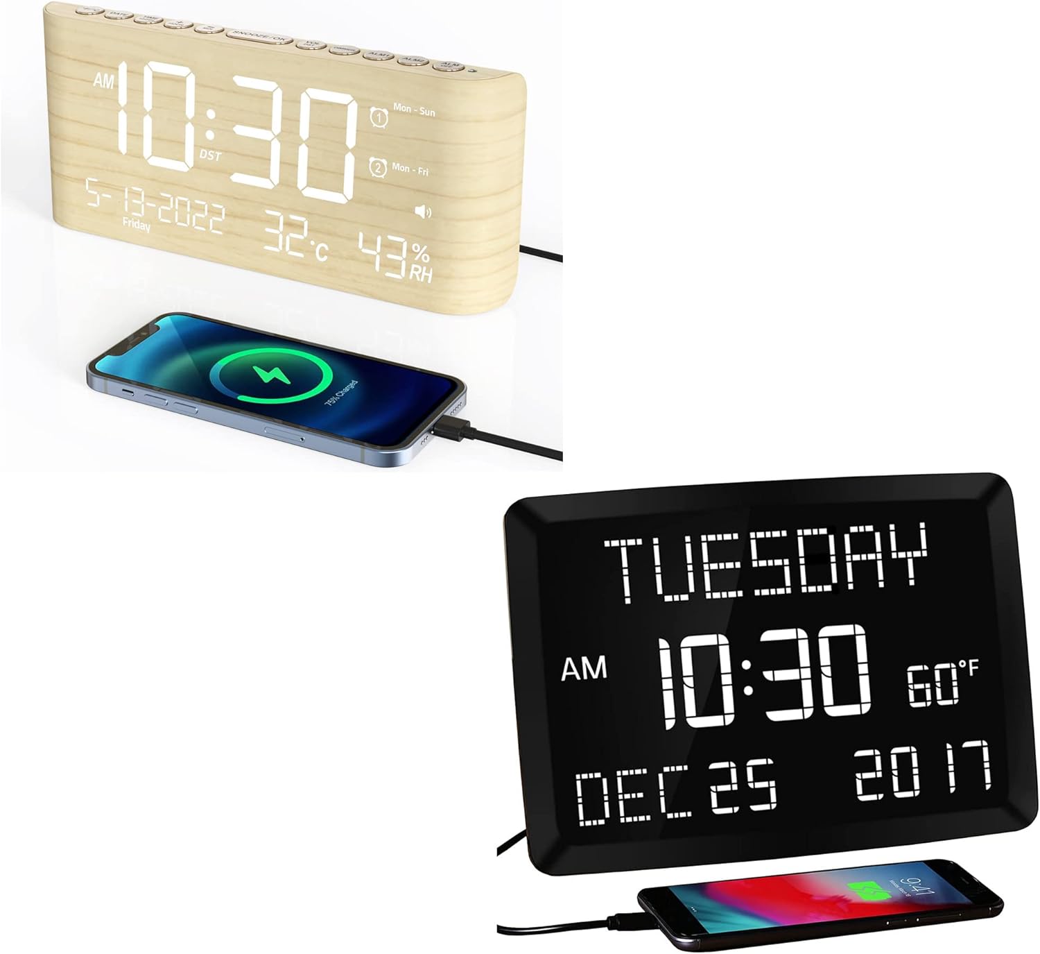 11.5” Digital Wall Clock with Date + Digital Alarm Clock