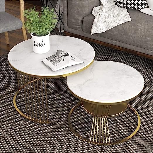 Image of Furniture Cafe Luxury Nesting Coffee Table Set of 2 - Modern Round Marble Top Accent Tables with Golden Metal Base, Living Room Centerpiece
