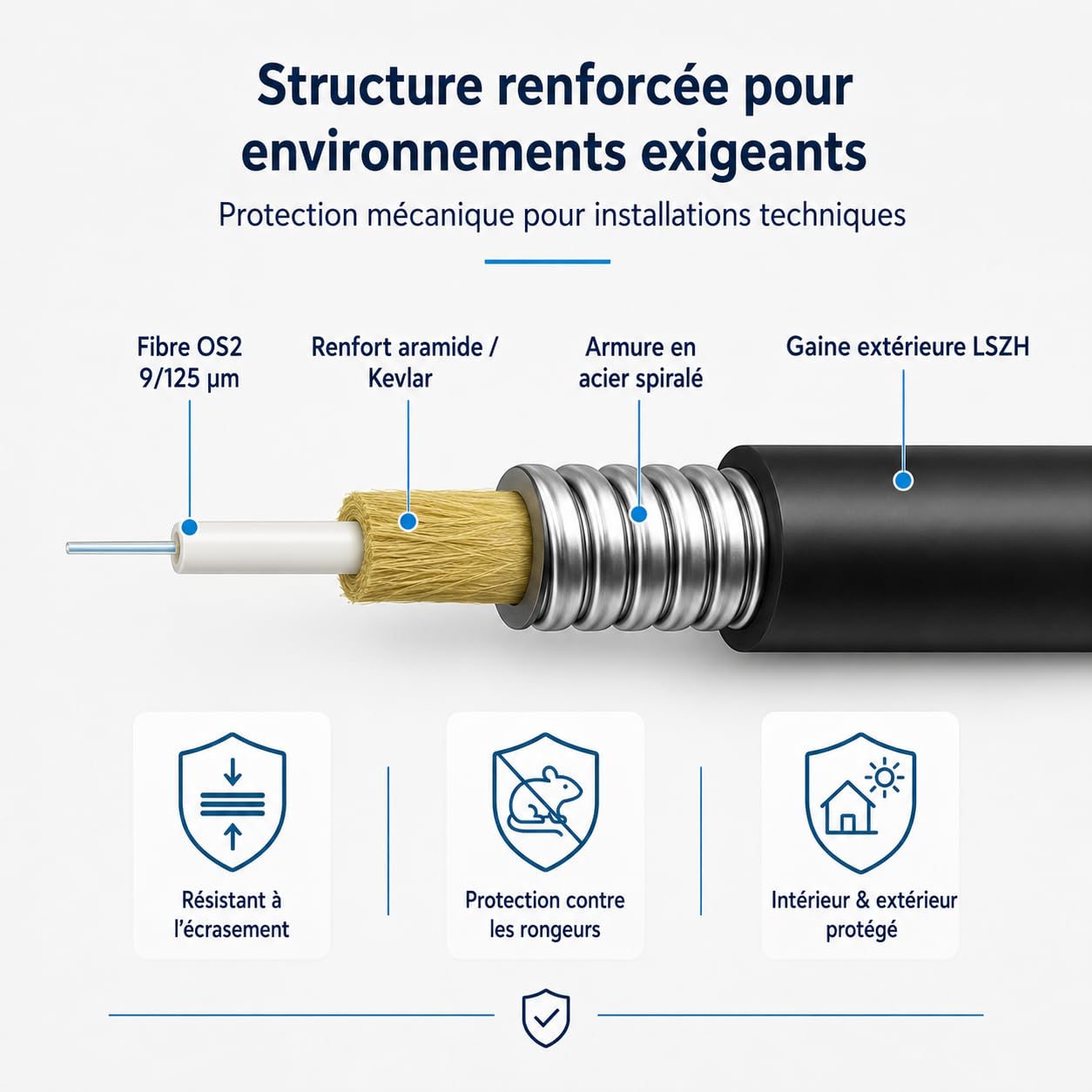 Câble Fibre Optique Armé 70m Blindé en Acier pour Intérieur et Extérieur, LC/UPC vers LC/UPC, OS2 Duplex Monomode 9/125 µm, G.657.A2, LSZH RoHS, Faible Perte, Noir