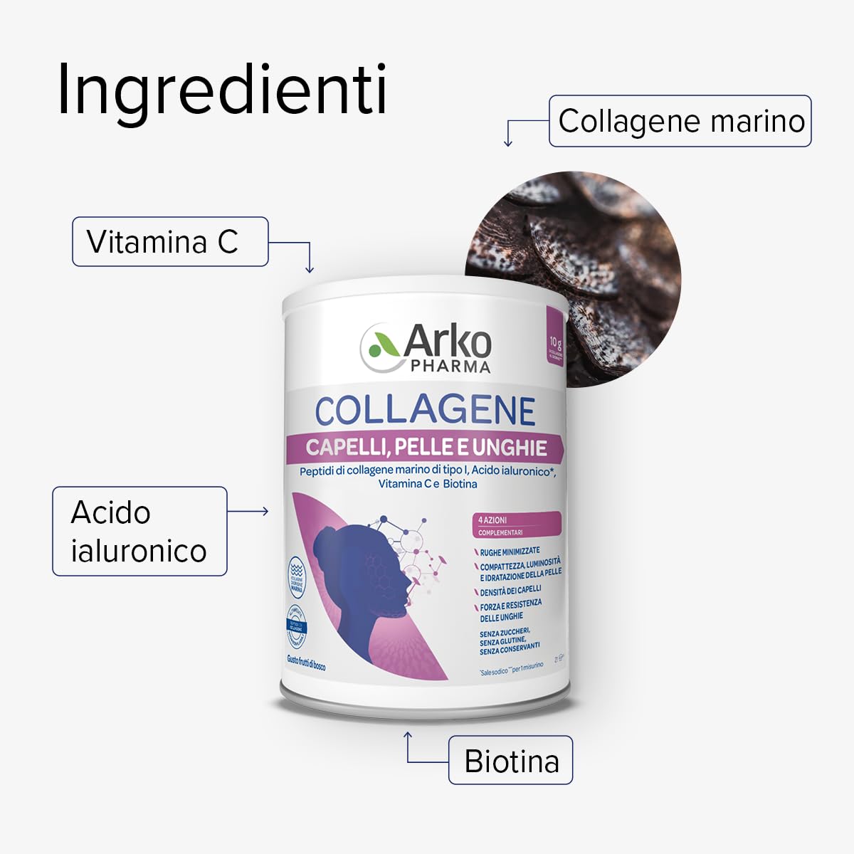 Arkopharma Collagene Capelli, Pelle e Unghie | Integratore Alimentare in Polvere, Collagene Marino con Acido Ialuronico, Vitamina C e Biotina - 1 Confezione da 260g