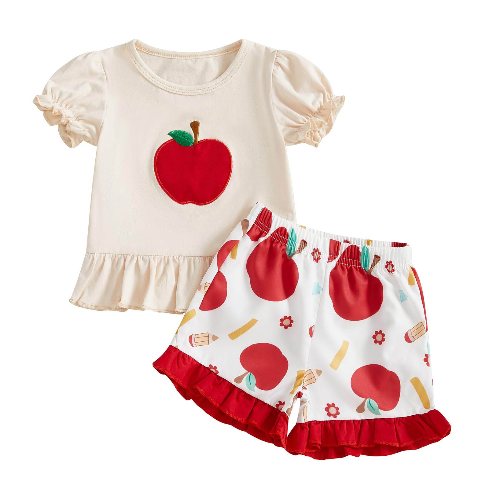 Bonangber Girls Summer Outfits Apple Embroidery First Day of School Shirt Top Ruffled Shorts Set Cute Toddler Girl Summer Clothes(A-Red Apple,5-6T)