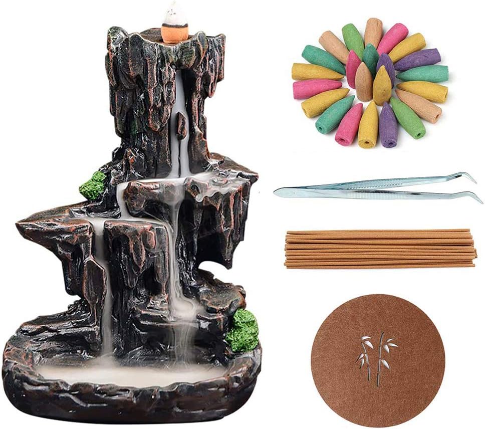 LEAFIS Waterfall Monk Backflow Incense Burner Mountain Tower Incense Holders for Home Office Yoga Aromatcherapy Ornamen (with 120 Cones)