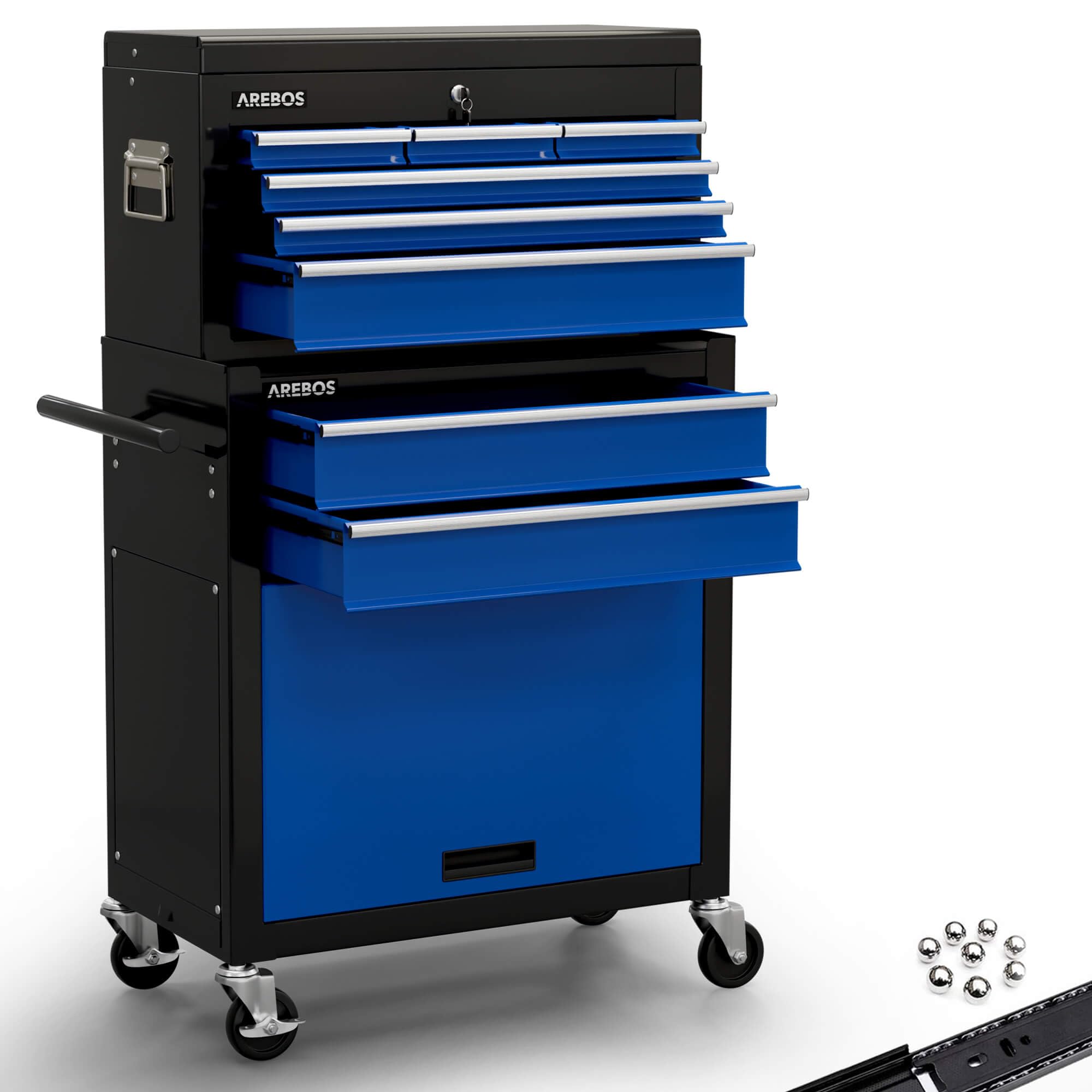 Arebos Workshop trolley | Tool Chest | 8 compartments + large compartment for your tools | Blue-Black | Anti-slip mats | Case top mobile & removable | Tool Cabinet