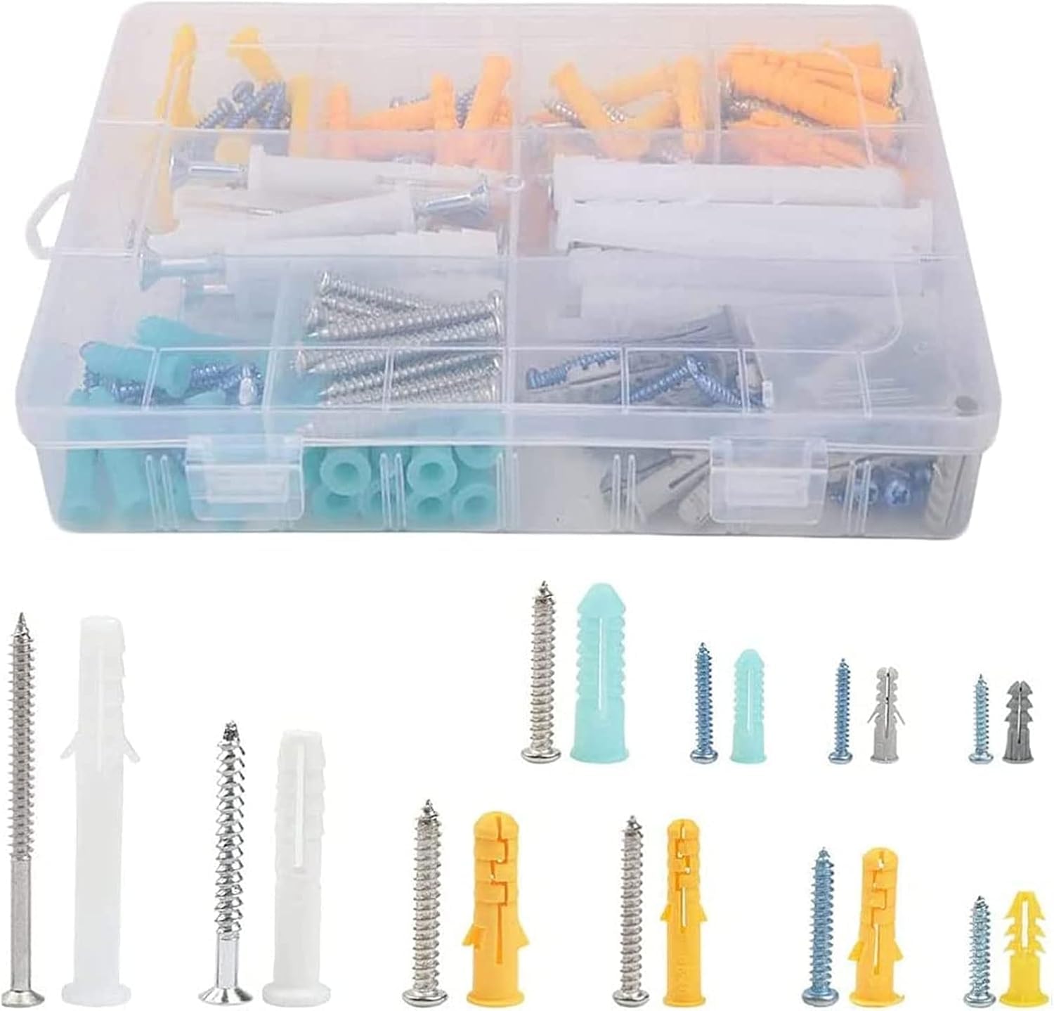 Self Tapping Screws and Ribbed Anchors Assortment Screws Kit, 200PCs Screws and Wall Plugs Set Screws Assortment Plastic Self Drilling Drywall Anchors Set for Hollow Wall Hanging or Blinds