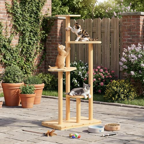 Outdoor Cat Tree, 60" Tall Cat Tower Weatherproof for Patio, Garden, Balcony, Durable 4-Tier Natural Wood w/Scratching Posts for Multiple Cats, Indoor & Outside Adult Cats and Kittens Play, Climbing