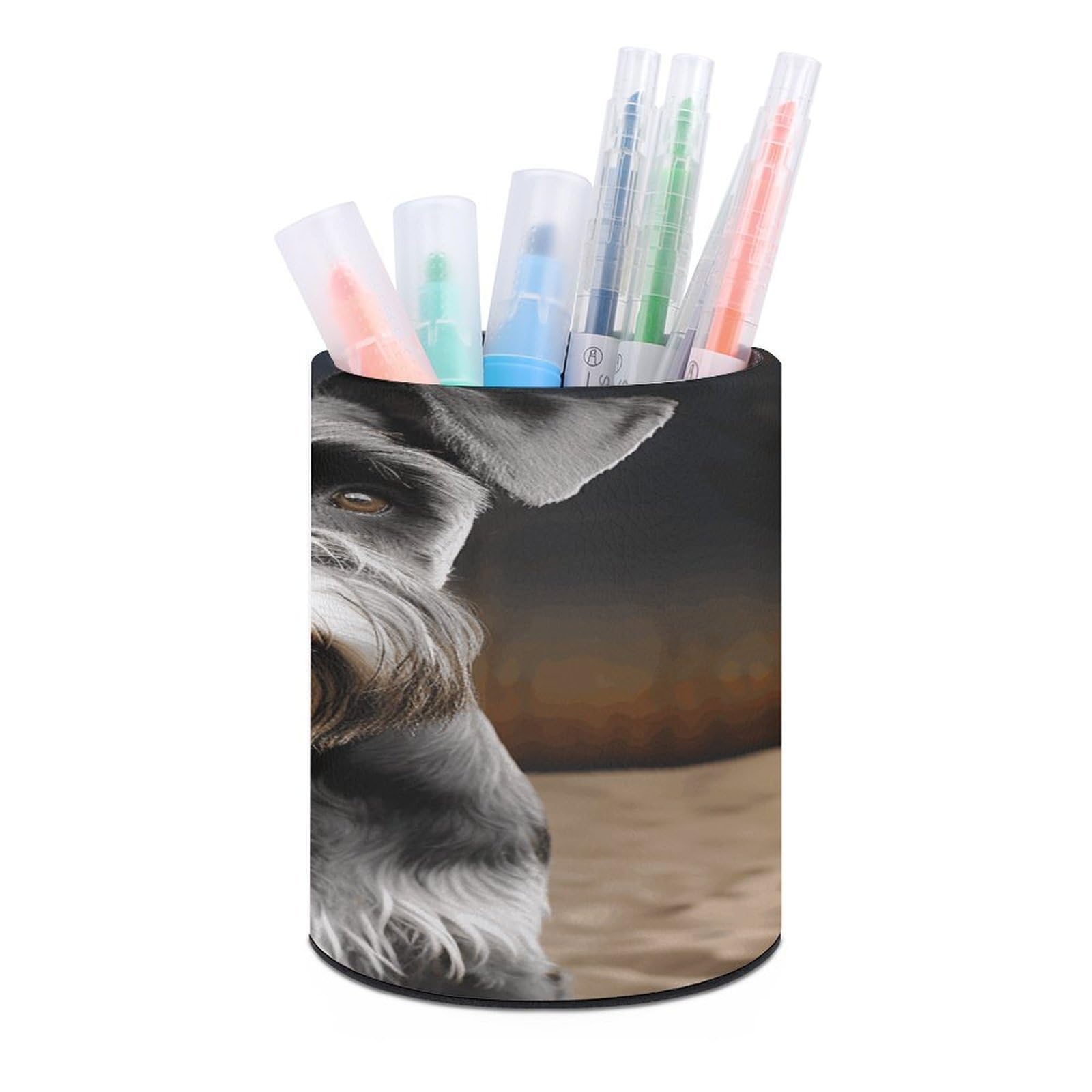 VstaDank Animal Schnauzer Round Dog Pencil Holder, PU Leather Pencil Holder Desk Organizer Holder for Desk Desk Decor Office