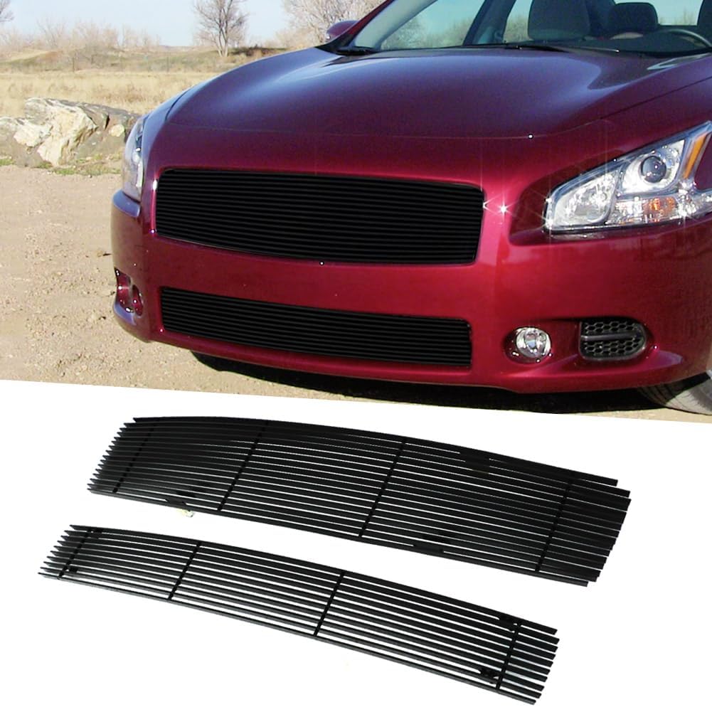 Compatible with 2009-2014 NISSAN Maxima Front Black Billet Grille Insert Combo Replace Upper Bumper Grills
