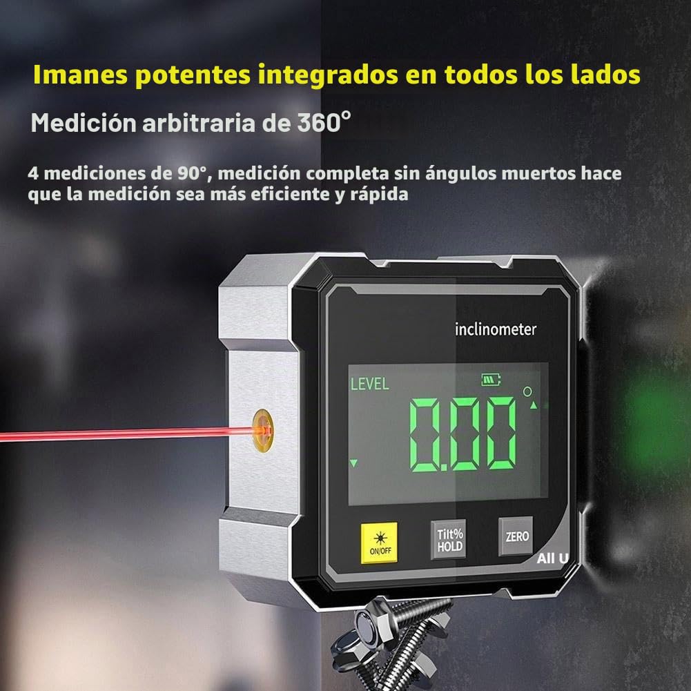 Medidor de ángulo digital magnético de 4 lados, herramienta transportadora de buscador de ángulos digital, herramienta de medición de alta precisión de 4 x 90° con pantalla grande, inclinómetro de