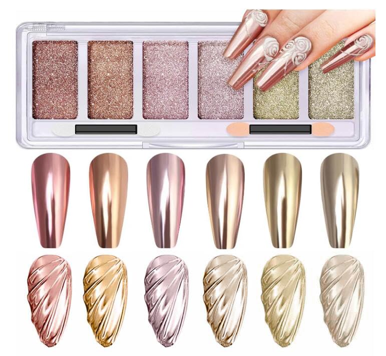 Gold Chrome Nail Powder, DRMODE 6 Colors Mirror Effect Metallic Chrome Powder Palette for Nails, Rose Gold Pink Light Gold Purple Champagne Nail Art Chrome Powder Pigment Glitter Dust with Applicator