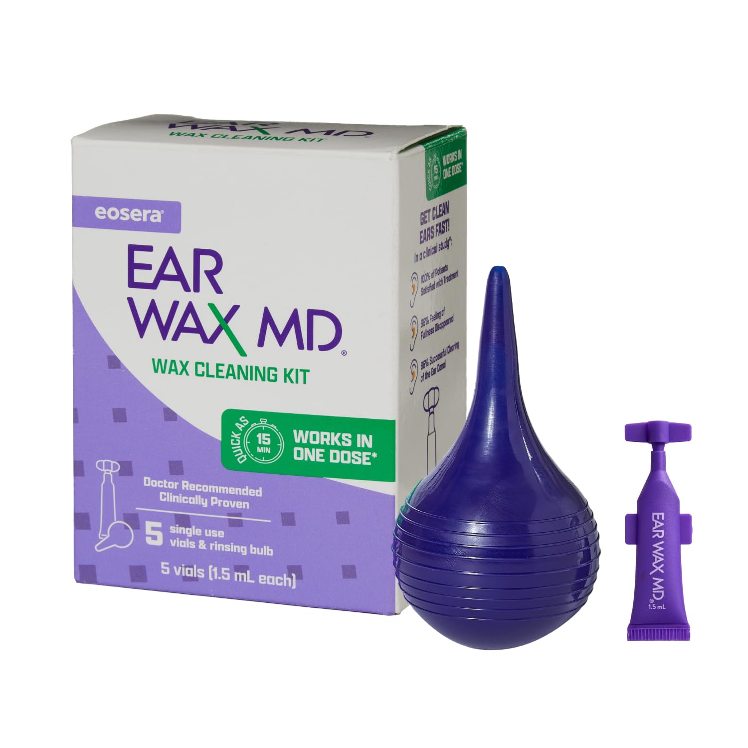 eosera Ear Wax MD Cleaning Kit - Fast-Acting Ear Wax Removal Drops & Rinse Bulb - Doctor Recommended, Clinically Proven Earwax Dissolver for Adults & Kids - Works in 15 Minutes - 5 Vials