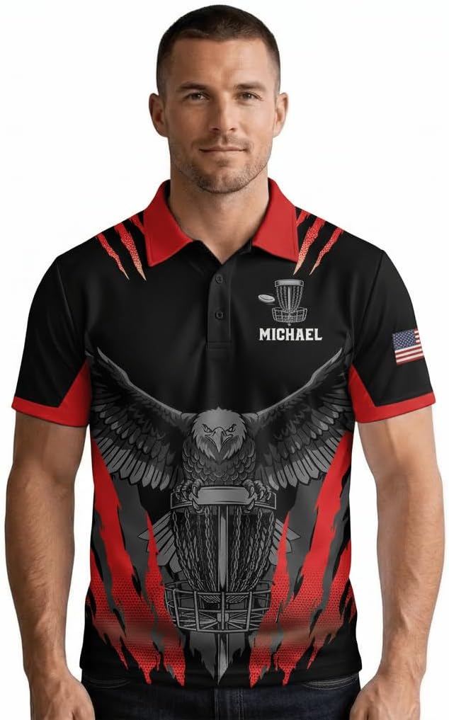 PRIMESTY Disc Golf Polo Shirt with Bald Eagle Design, Customizable Name, Unisex Sports Jersey for Men and Women
