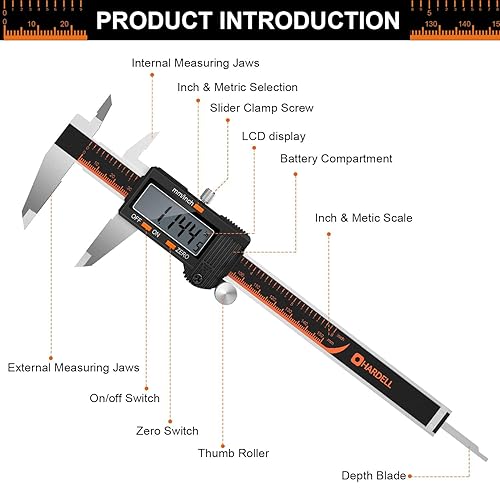 Miniatura 7 de HARDELL Calibre digital, herramienta de medición de calibre de acero inoxidable de 6 pulgadas con pantalla LCD grande, calibrador micrómetro