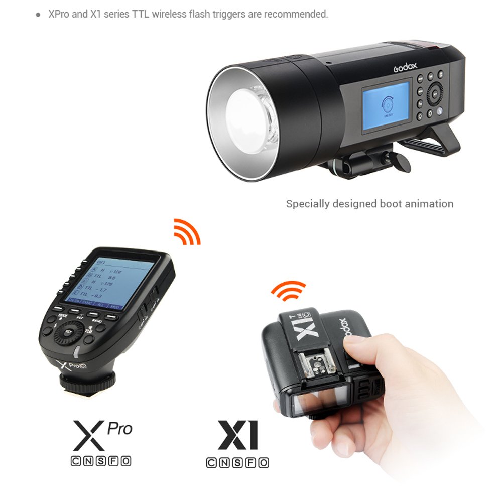 Godox AD400 Pro Flash Stroboscopique Extérieure, 400Ws 1/8000s 2,4 G TTL Flash Puissant Portable avec 2600mAh Batterie et Alimentation AC/DC, Strobe Light avec Bowens Mount et Godox Mount