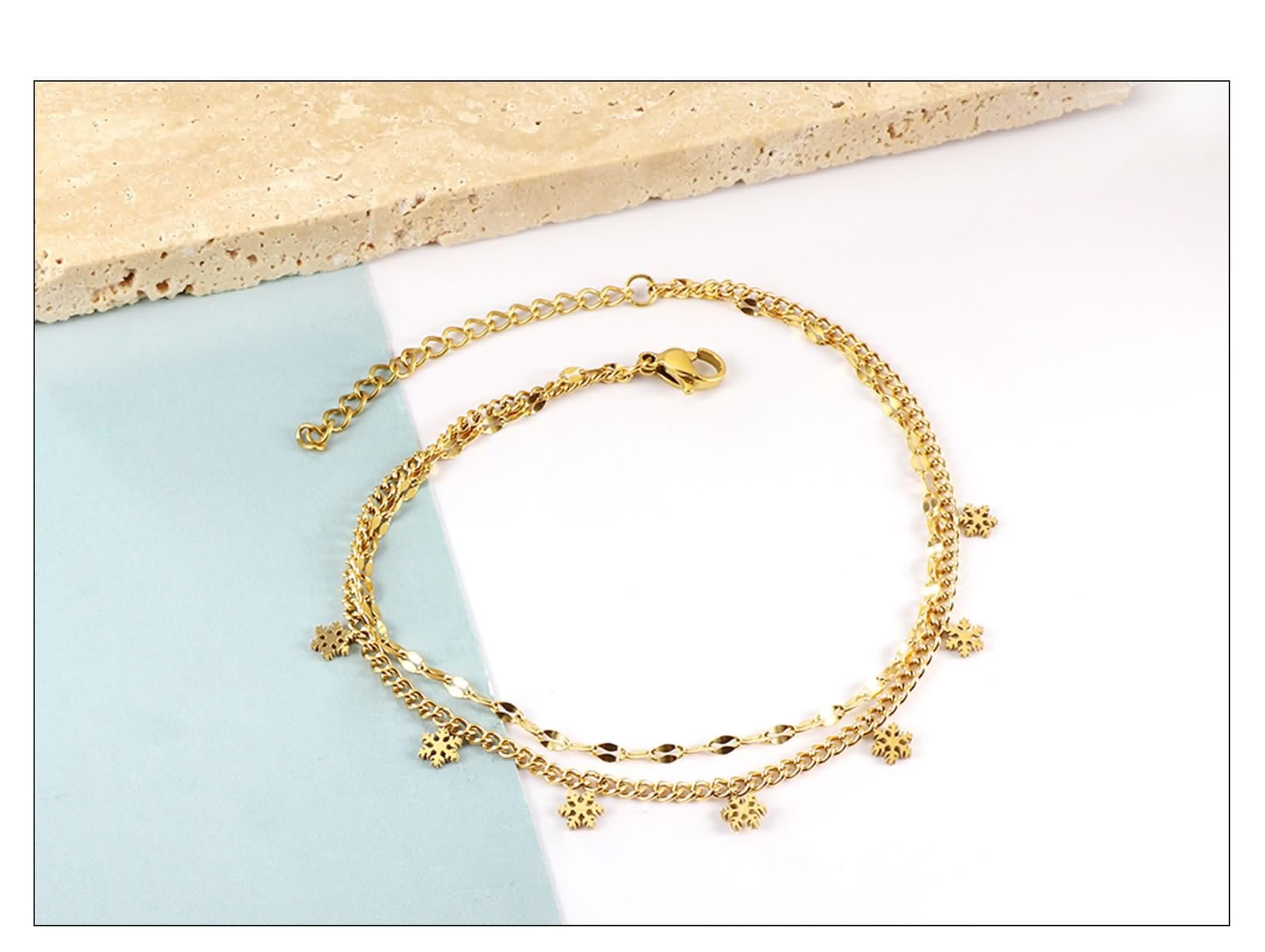 Tobillera de oro de 9 quilates, 26 cm, doble cadena Au 375 con copo de nieve, tobillera para mujer, estilo bohemio, verano, descalzo, playa, para mujer